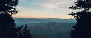Preview wallpaper mountains, trees, fog, view, landscape