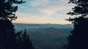 Preview wallpaper mountains, trees, fog, view, landscape