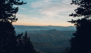 Preview wallpaper mountains, trees, fog, view, landscape