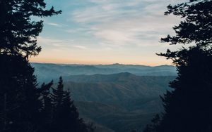 Preview wallpaper mountains, trees, fog, view, landscape