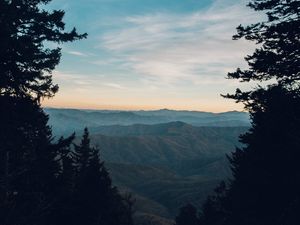 Preview wallpaper mountains, trees, fog, view, landscape