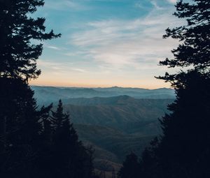 Preview wallpaper mountains, trees, fog, view, landscape