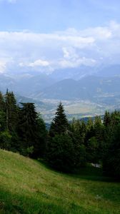 Preview wallpaper mountains, trees, fog, clouds, valley, landscape