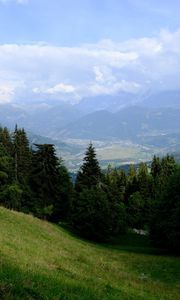 Preview wallpaper mountains, trees, fog, clouds, valley, landscape