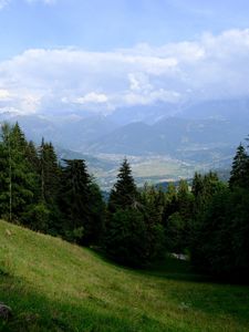 Preview wallpaper mountains, trees, fog, clouds, valley, landscape