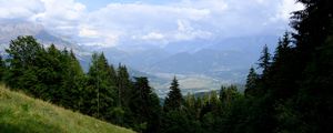 Preview wallpaper mountains, trees, fog, clouds, valley, landscape