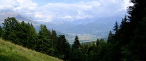 Preview wallpaper mountains, trees, fog, clouds, valley, landscape