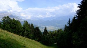 Preview wallpaper mountains, trees, fog, clouds, valley, landscape