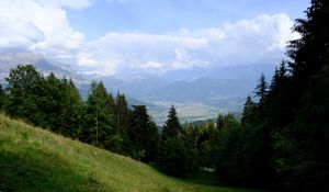 Preview wallpaper mountains, trees, fog, clouds, valley, landscape