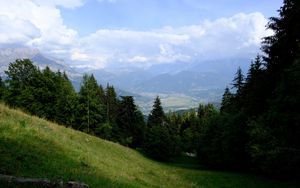 Preview wallpaper mountains, trees, fog, clouds, valley, landscape