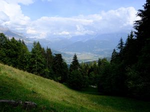 Preview wallpaper mountains, trees, fog, clouds, valley, landscape