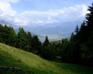 Preview wallpaper mountains, trees, fog, clouds, valley, landscape