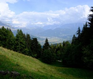 Preview wallpaper mountains, trees, fog, clouds, valley, landscape