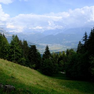 Preview wallpaper mountains, trees, fog, clouds, valley, landscape