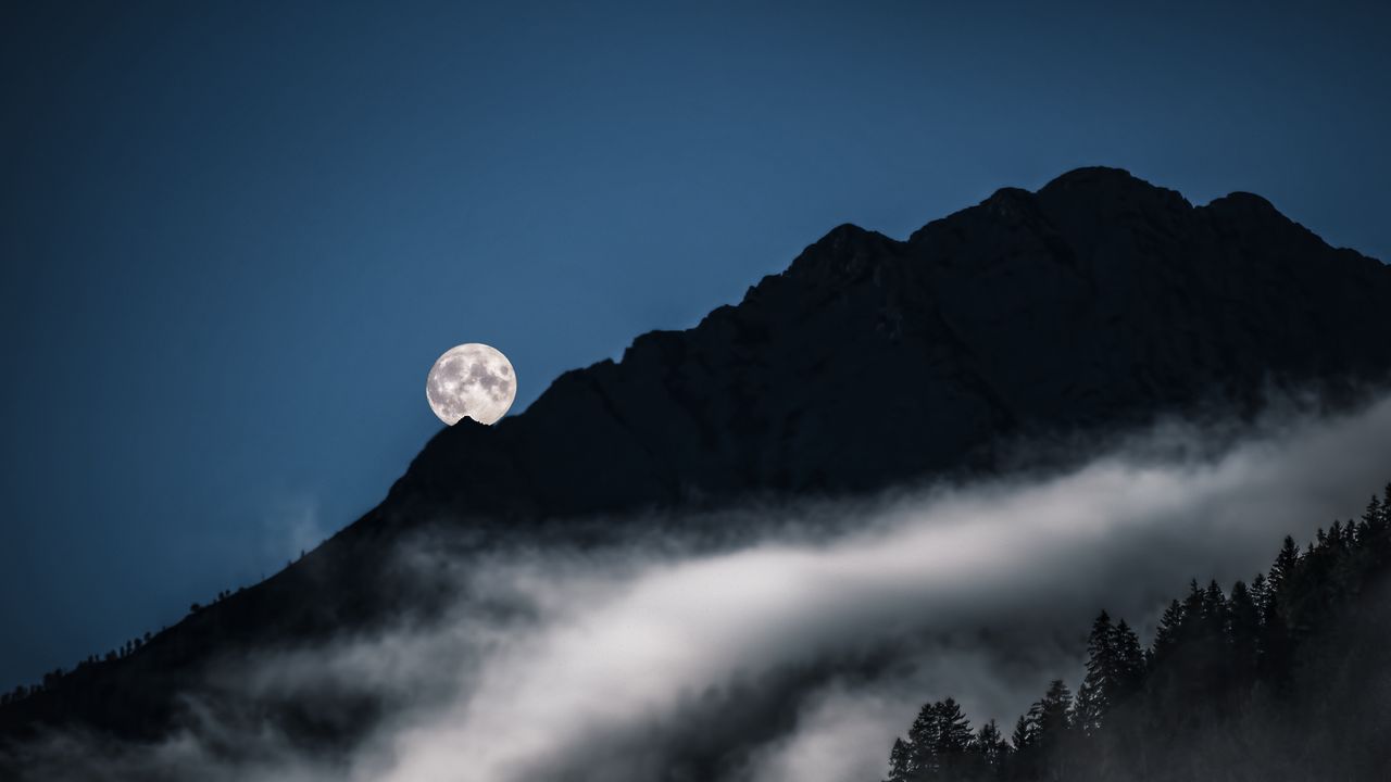 Wallpaper mountains, trees, fog, moon, night, landscape