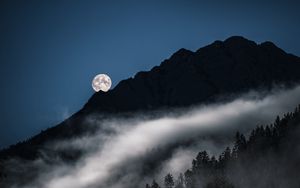 Preview wallpaper mountains, trees, fog, moon, night, landscape