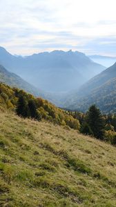 Preview wallpaper mountains, trees, fog, gorge, landscape