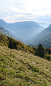 Preview wallpaper mountains, trees, fog, gorge, landscape