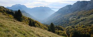 Preview wallpaper mountains, trees, fog, gorge, landscape