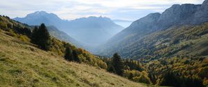 Preview wallpaper mountains, trees, fog, gorge, landscape