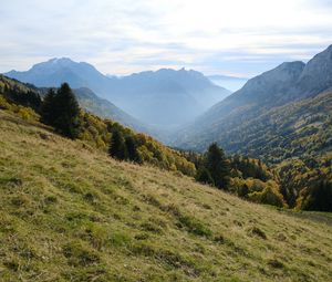 Preview wallpaper mountains, trees, fog, gorge, landscape