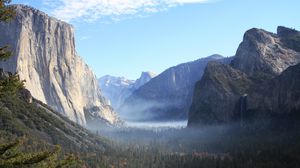 Preview wallpaper mountains, trees, fog, nature, landscape