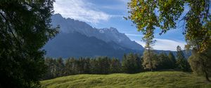 Preview wallpaper mountains, trees, forest, meadow, landscape