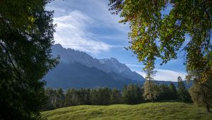 Preview wallpaper mountains, trees, forest, meadow, landscape