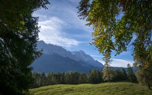 Preview wallpaper mountains, trees, forest, meadow, landscape