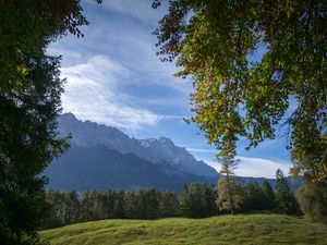 Preview wallpaper mountains, trees, forest, meadow, landscape