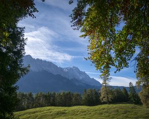 Preview wallpaper mountains, trees, forest, meadow, landscape