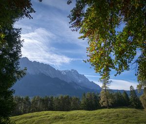 Preview wallpaper mountains, trees, forest, meadow, landscape