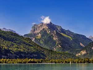 Preview wallpaper mountains, trees, forest, lake, sky, landscape