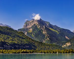 Preview wallpaper mountains, trees, forest, lake, sky, landscape