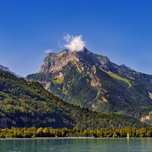 Preview wallpaper mountains, trees, forest, lake, sky, landscape