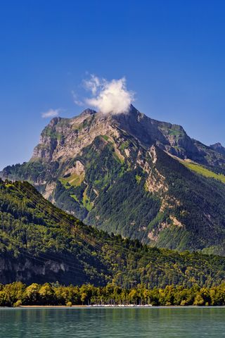 320x480 Wallpaper mountains, trees, forest, lake, sky, landscape