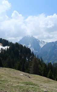 Preview wallpaper mountains, trees, forest, clouds, sky, nature