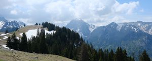Preview wallpaper mountains, trees, forest, clouds, sky, nature