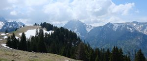 Preview wallpaper mountains, trees, forest, clouds, sky, nature