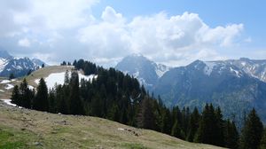 Preview wallpaper mountains, trees, forest, clouds, sky, nature