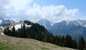 Preview wallpaper mountains, trees, forest, clouds, sky, nature