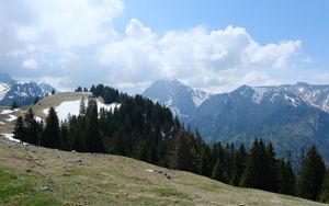 Preview wallpaper mountains, trees, forest, clouds, sky, nature