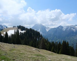 Preview wallpaper mountains, trees, forest, clouds, sky, nature