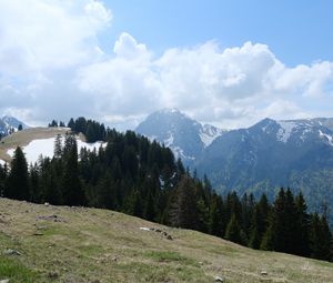 Preview wallpaper mountains, trees, forest, clouds, sky, nature