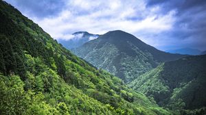 Preview wallpaper mountains, trees, forest, clouds, nature, landscape