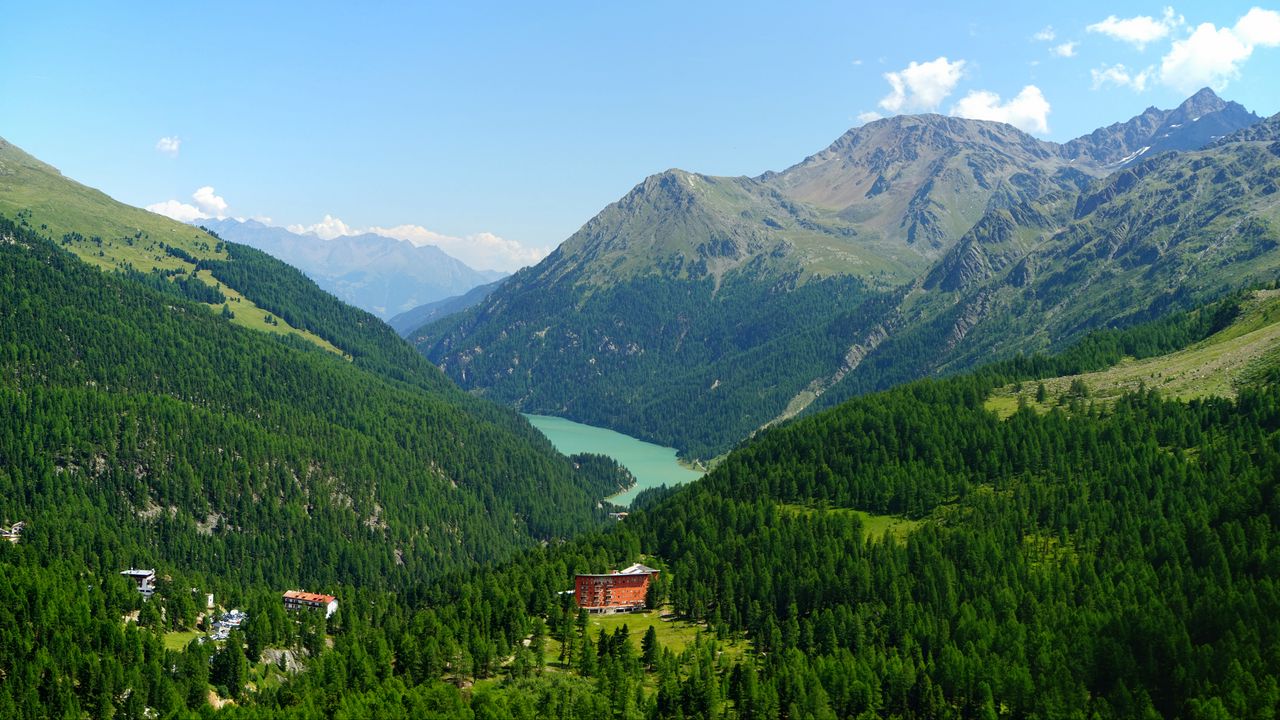 Wallpaper mountains, trees, forest, house, lake, nature, landscape