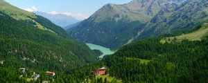 Preview wallpaper mountains, trees, forest, house, lake, nature, landscape