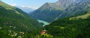 Preview wallpaper mountains, trees, forest, house, lake, nature, landscape