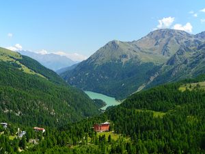 Preview wallpaper mountains, trees, forest, house, lake, nature, landscape