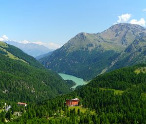 Preview wallpaper mountains, trees, forest, house, lake, nature, landscape